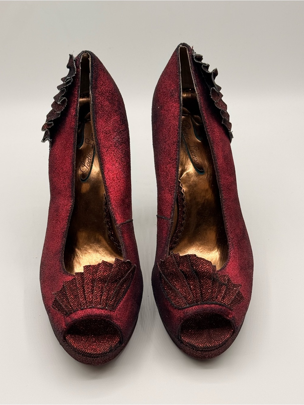 Poetic License Burgundy Peep Toe Ruffle Pumps